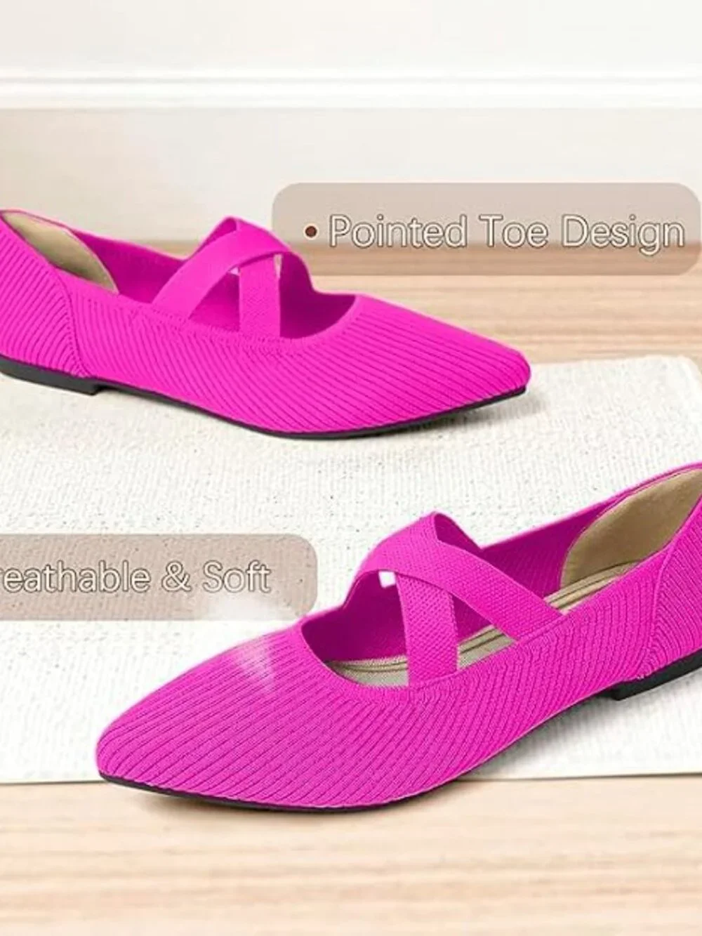 Women's Pink Pointed Toe Comfortable Mary Jane Slip-On Knit Ballet Flat Shoes